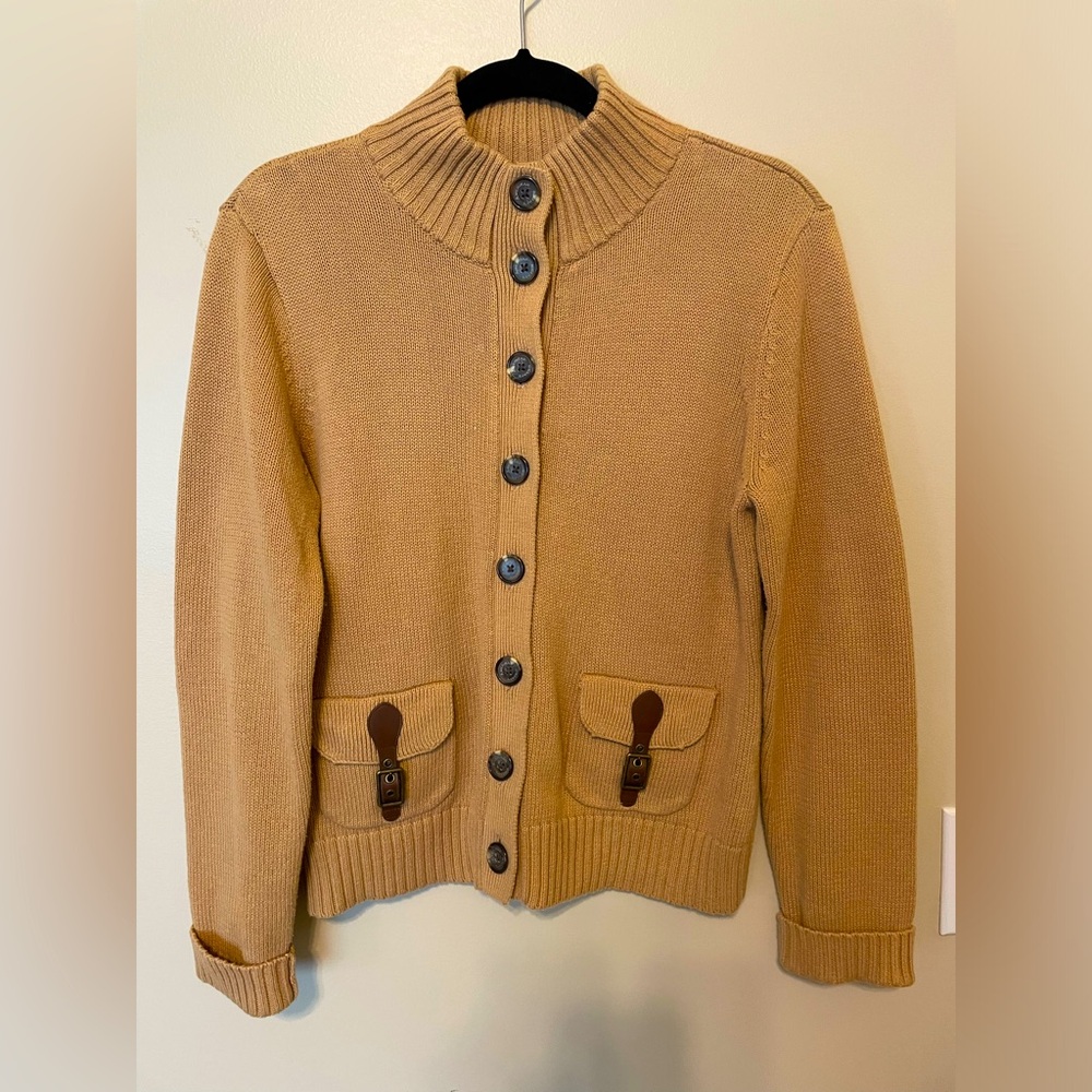 American Living Tan Cardigan Sweater with Buckle Pockets (Size Large)